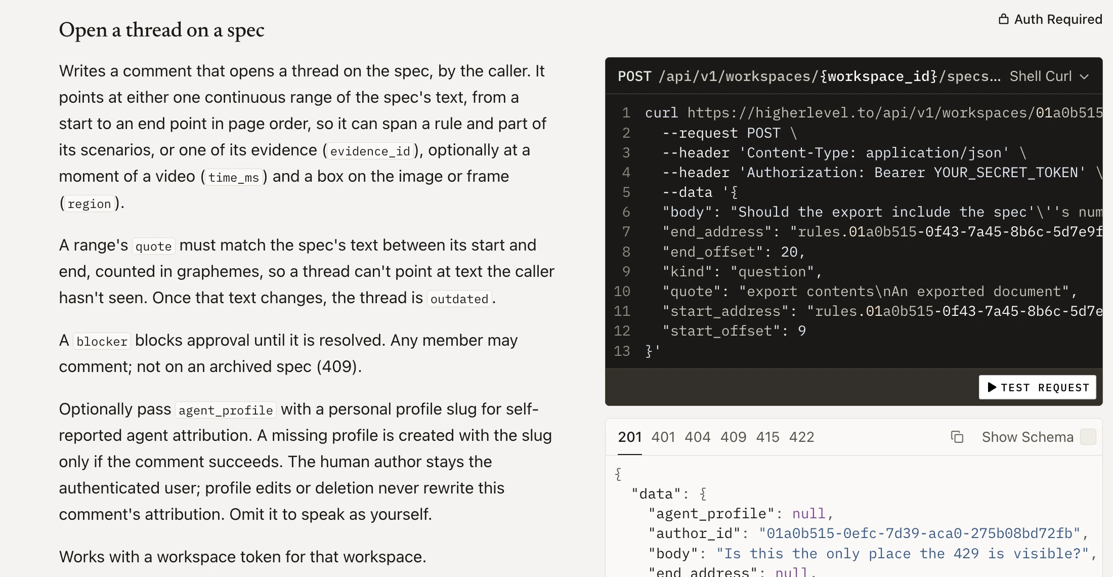 The API reference for opening a comment thread on a spec, with a curl example and the response.