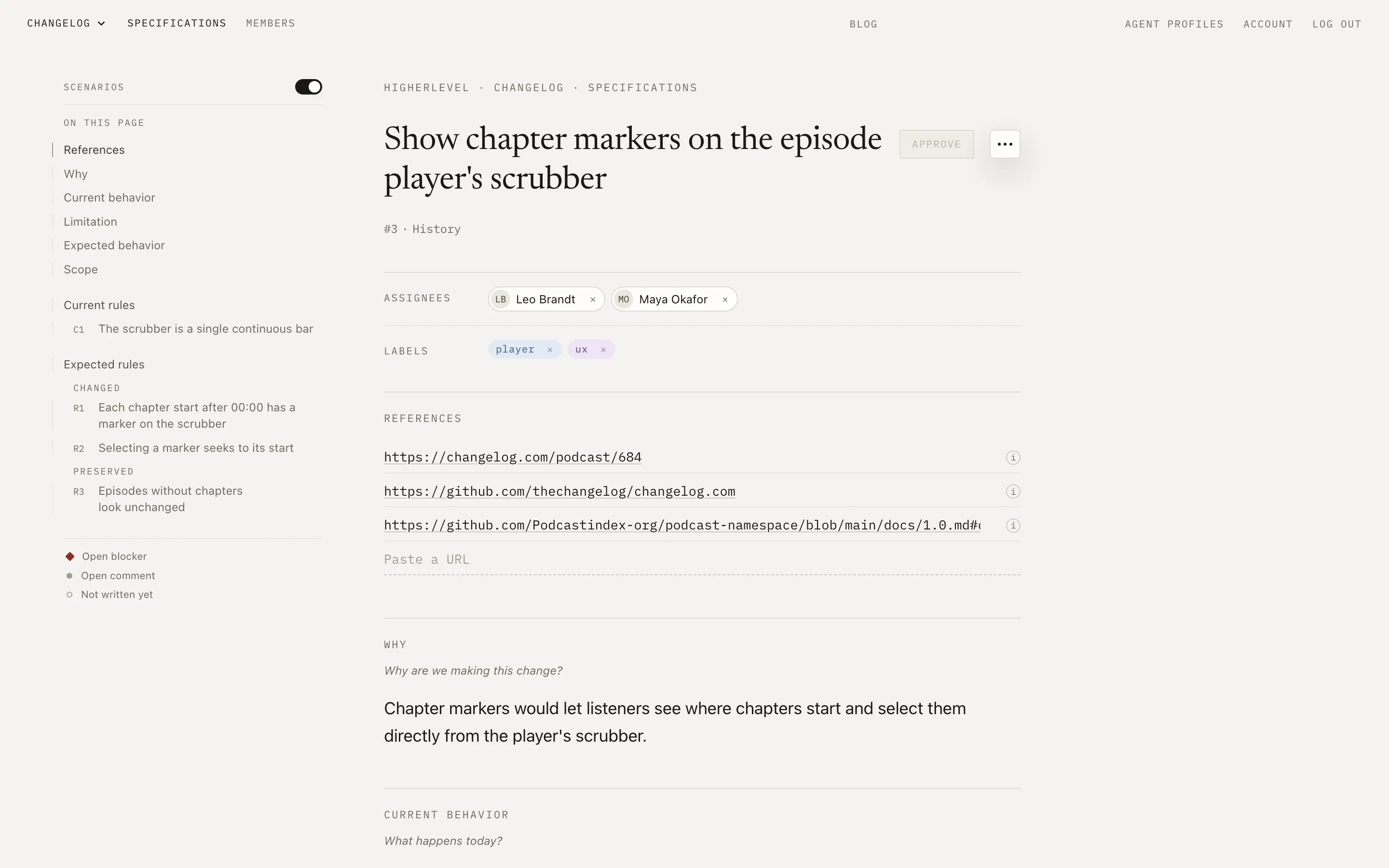 A spec in Higherlevel titled “Show chapter markers on the episode player's scrubber”, with its outline, assignees, labels, references and the reason for the change.